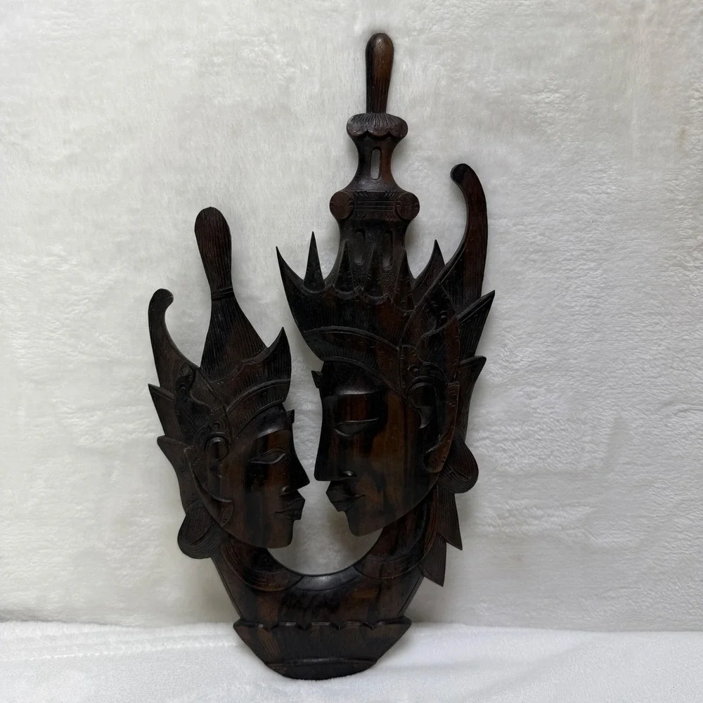 Vintage Hand Carved Wood Balinese Romantic Couple Wall Art Plaque‎ Sculpture 12